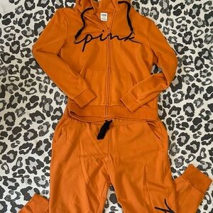 PINK Victoria's Secret Orange Zip-Up Hoodie And Sweatpants Set